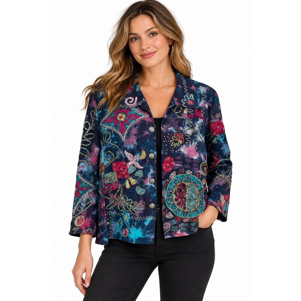 Julia Kiv Artsy Embroidered Button Front Jacket Large Colorful Cotton Kim